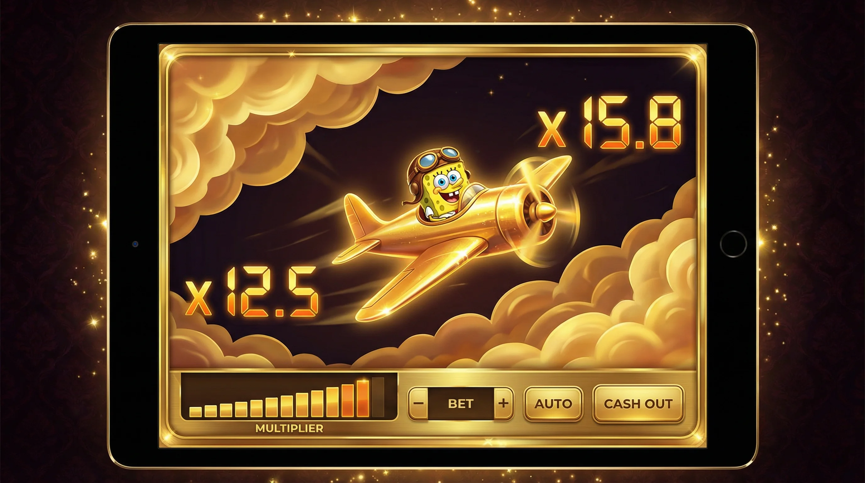 Juego Aviator con avión dorado volando